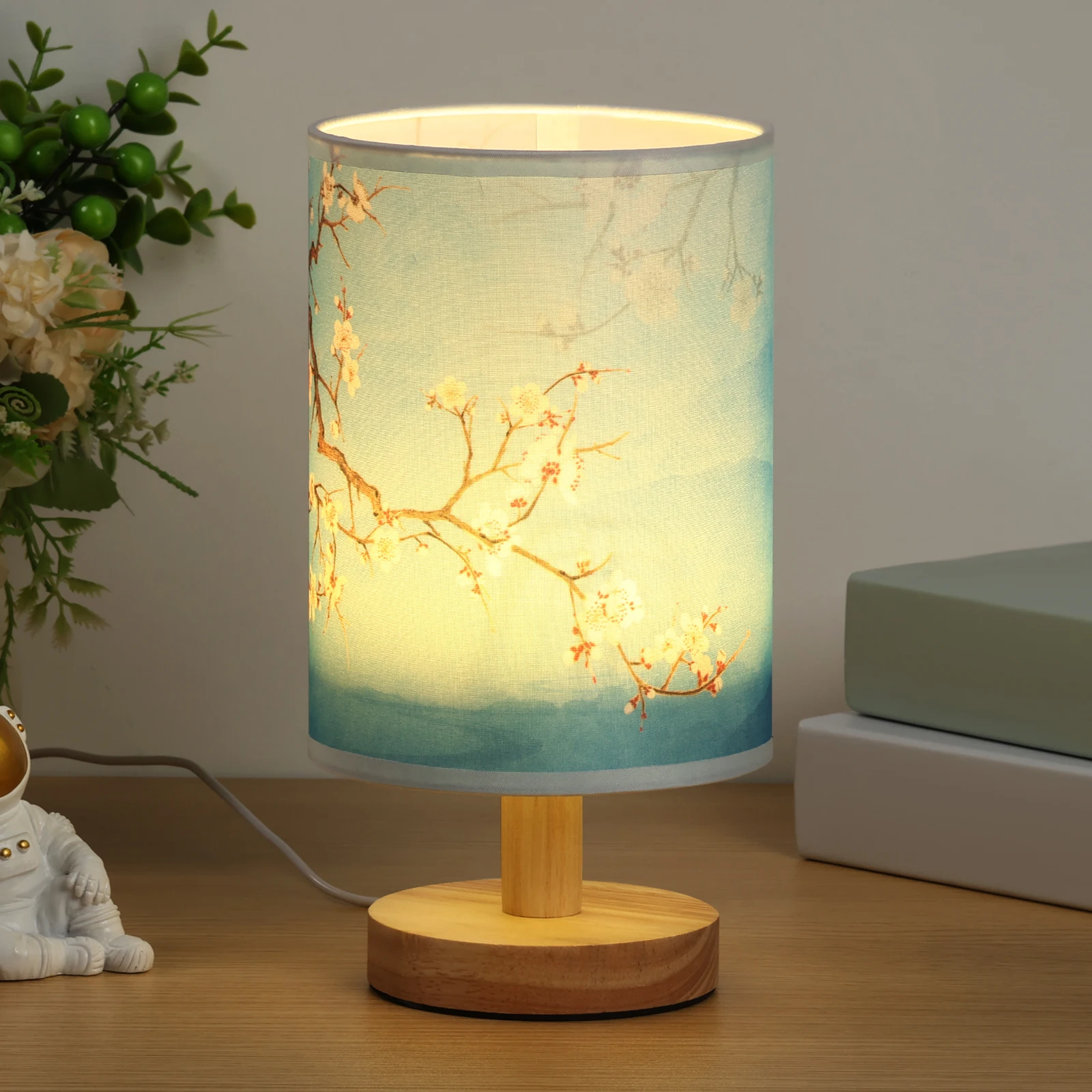 LED Bedside Table Lamp Modern Wooden Nightstand Lamp with Linen Fabric Lampshade USB Bedroom Living Room Night Lamp Ornaments