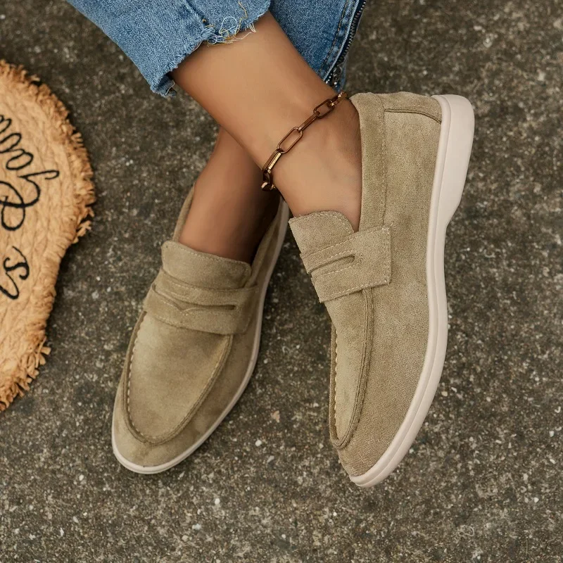 Women Flat Shoes Khaki Suede Summer Walk Shoes Slip-on Lazy Loafers Causal Moccasin Comfortable Mules Driving Shoes