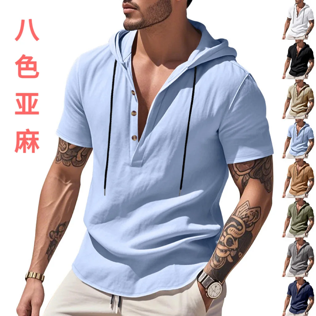 Hoodies men's sweatshirt 2026 summer linen hooded beach casual drawstring short-sleeved T-shirt sweatshirt man's clothing