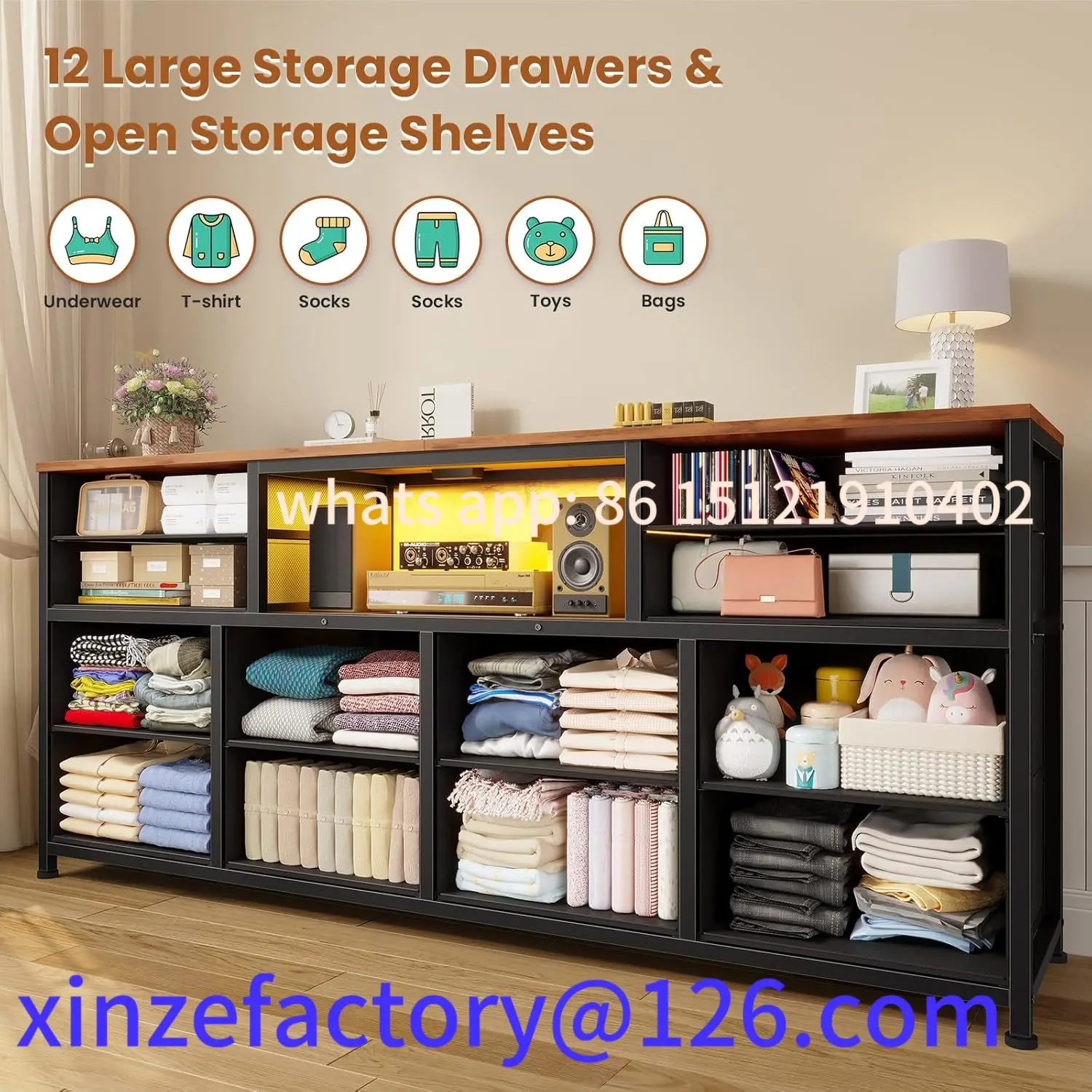 Customizable LED TV Stand Dresser for Bedroom with Power Outlets, 55 inch Entertainment Center