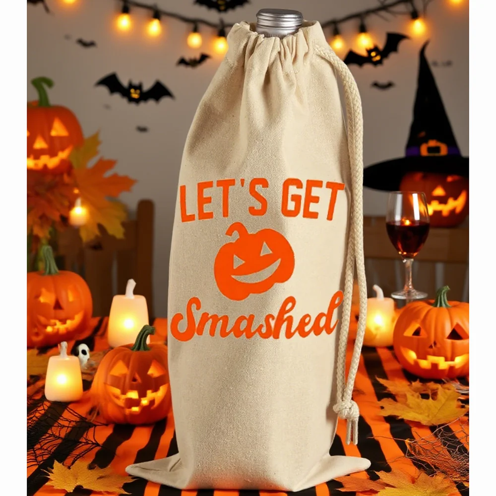 

Let's Get Smashed Halloween Pumpkin Drawstring Wine Bag Funny Fall Festival Gift Table Decoration Spooky Season Home Accessory