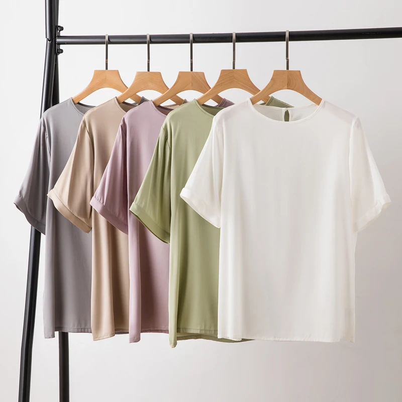 

93% Mulberry Silk 9% Spandex Solid Colors Round Neck Short Sleeve Women Shirt T-Shirt Top Blouse Pullover Summer L XL FF058