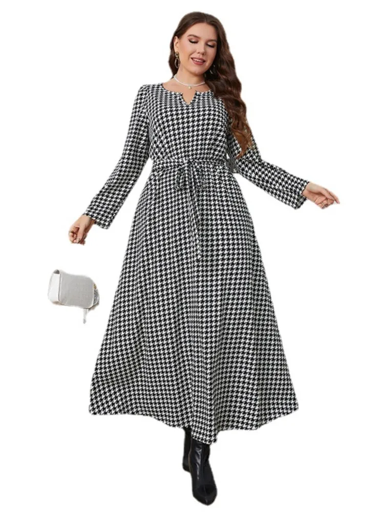 Vestido largo con estampado a cuadros para mujer, prenda elegante de manga larga, informal, a la moda, talla grande, Otoño, 2023