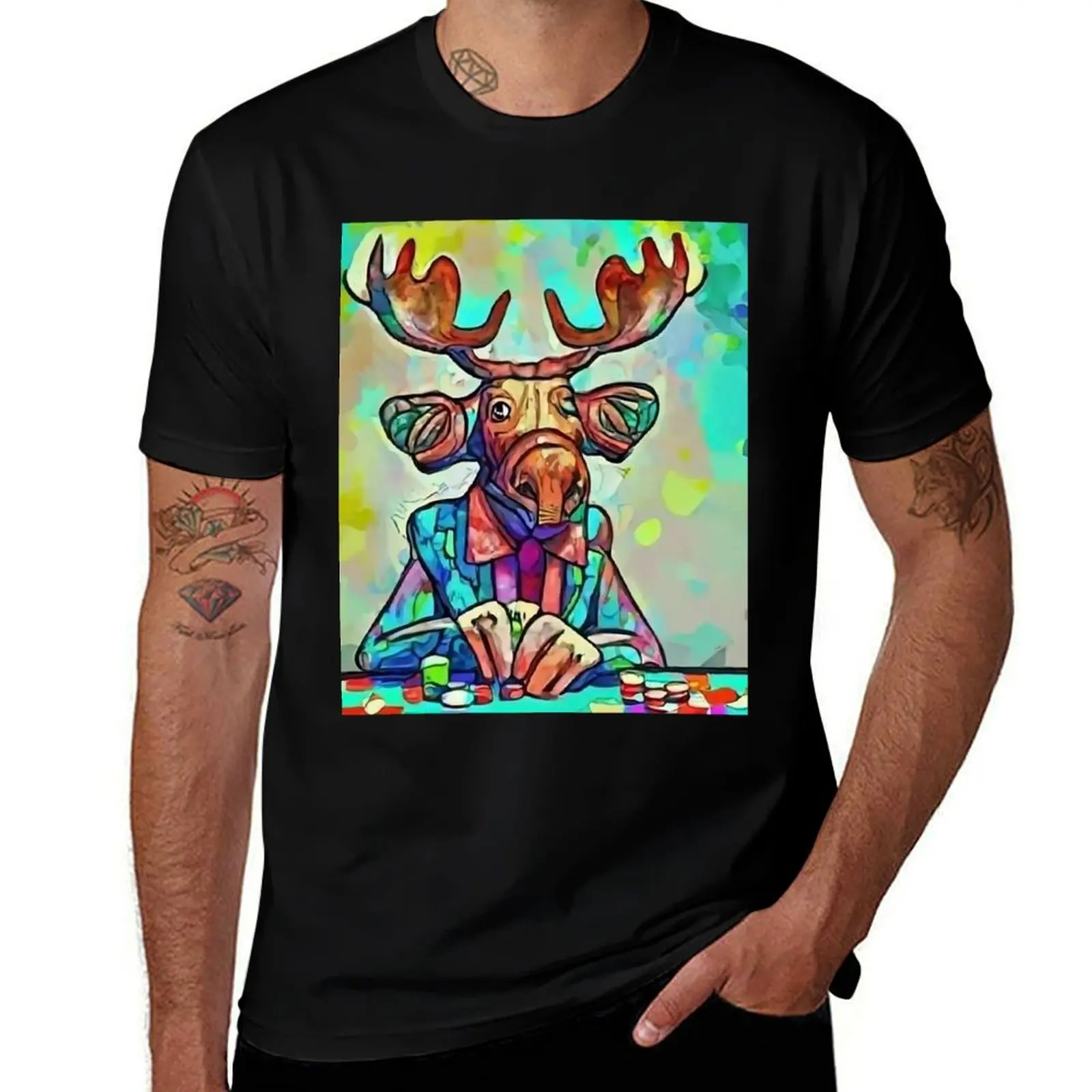 Funny Colorful Moose Gambling Cubism Art T-Shirt Plus Size Street Style Tee T-Shirt
