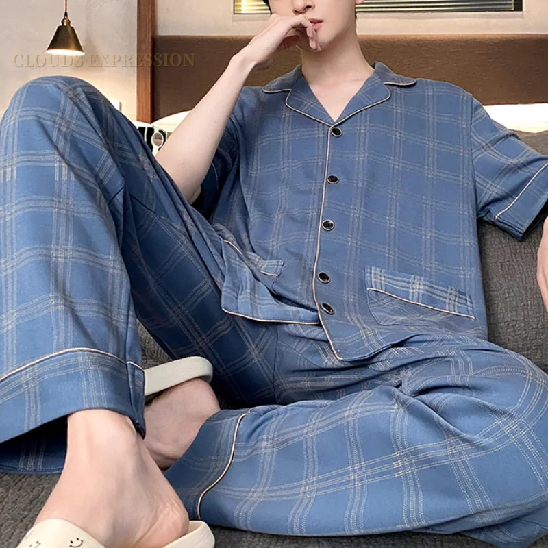 Summer Knitted Plaid Men\'s Pyjamas Plus 4XL Pajama Sets Casual Pjs Lounge Masculine Sleepwear Nightwear Pijamas Homewear Fashion