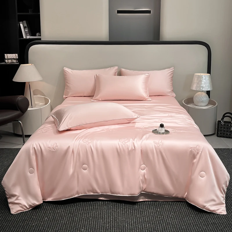 Air Condition Comforter for Summer Ice Silk Reversible Cooling Blanket Bowknot Embroidery Pattern Lightweight Smooth Cold Quilt