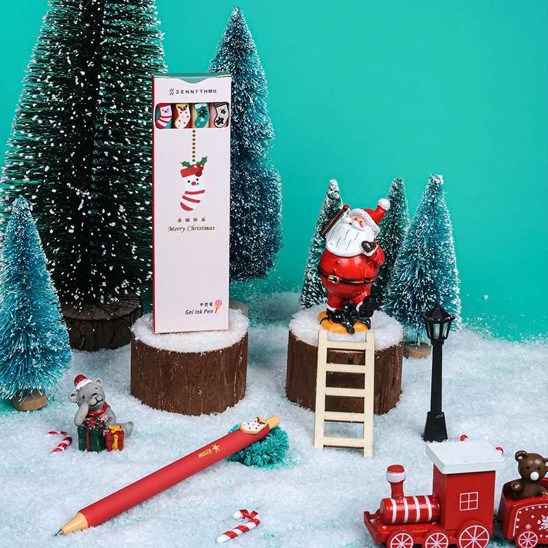 4pcs Christmas Button Pens Retractable Gel Ink Pens with Xmas Print Designs Featuring Santa Claus Reindeer & Jingle Bell A7305