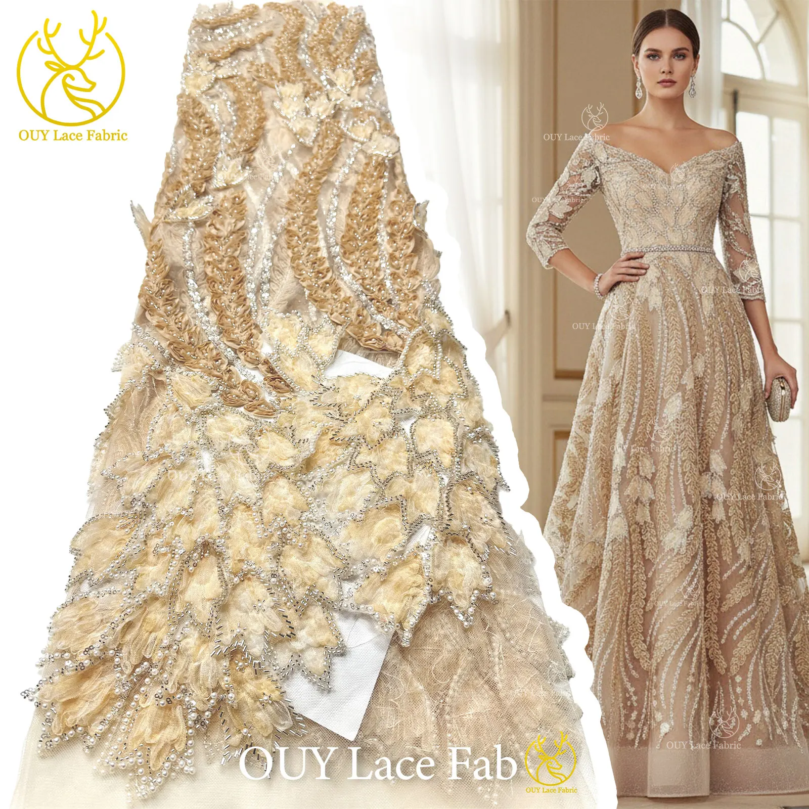 

Французская роскошная 3D-вышитая кружевная ткань с бисером, 5 ярдов, элегантная африканская нигерийская кружевная ткань с пайетками для женских свадебных и праздничных платьев