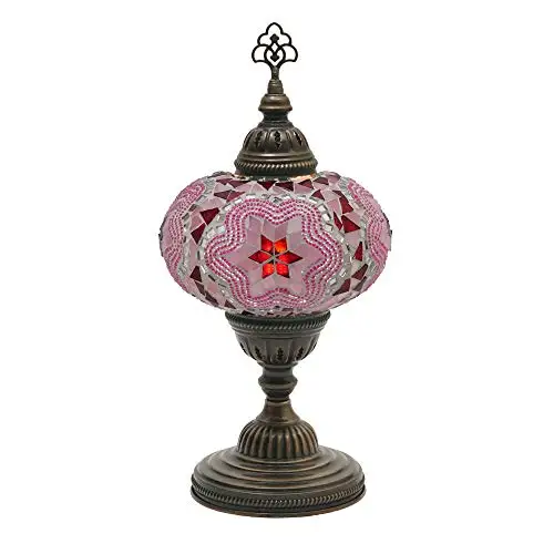 LaModaHome English Moroccan Handmade Mosaic Glass Table Lamp Light with Decorative Dark Copper Fixture for Bedroom, Livingroom a