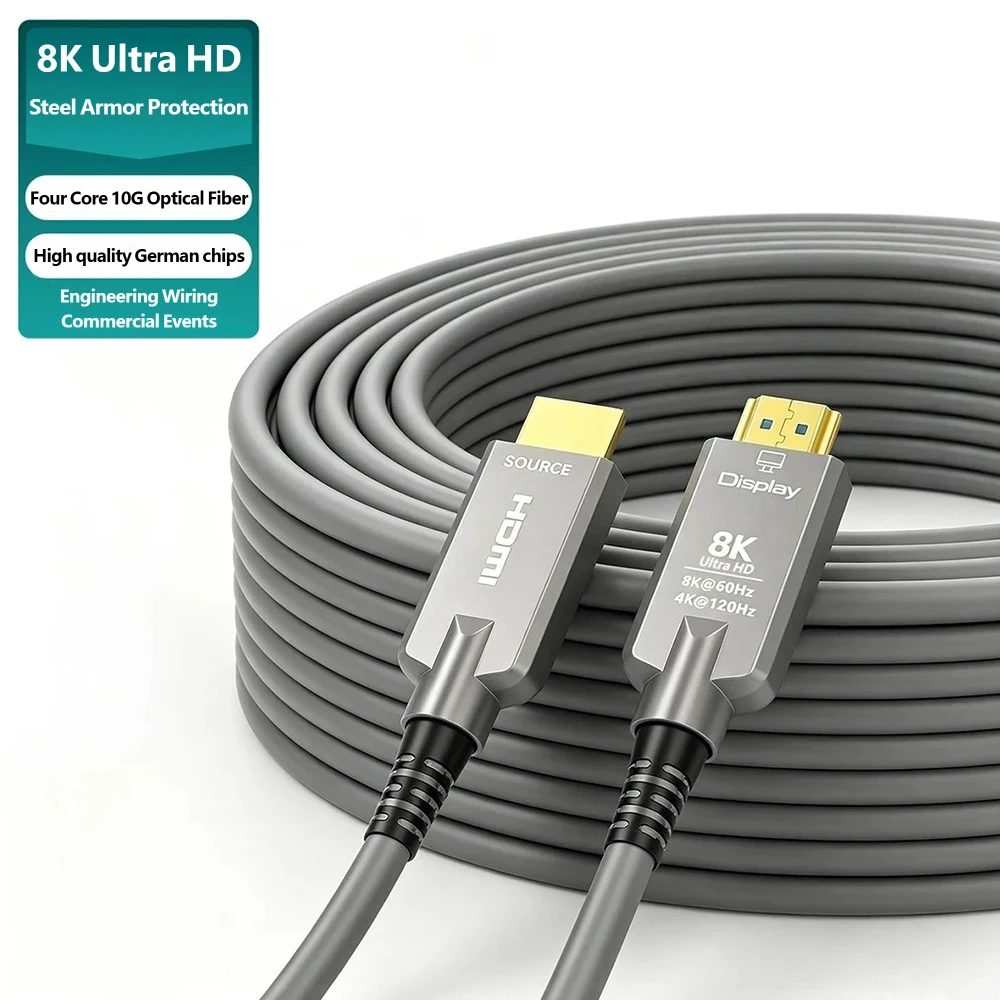 8K Armored HDMI 2.1 Fiber Optic Cable 8K@60Hz 48Gbps Ultra High Speed Armor HDMI AOC Cable for Outdoor Stage Gaming TV Projector