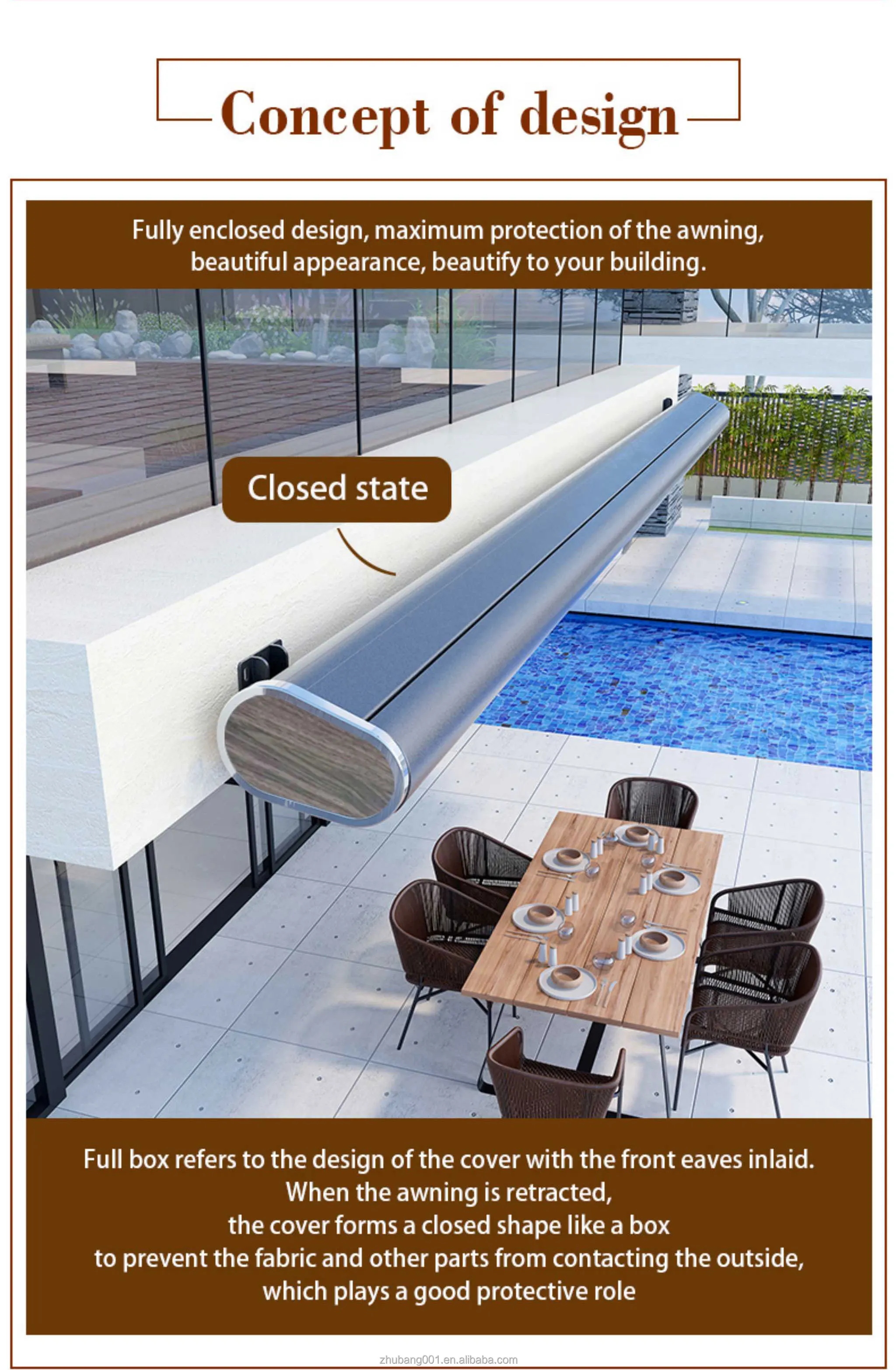 إطار مظلة سقف الشمس الكهربائي القابل للسحب، ستائر شراع PVC مقاومة للمطر وجهاز تحكم عن بعد، ميزات قابلة للتمديد