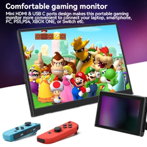 Portable gaming monitor displaying Mario characters. Features HDMI and USB-C ports, compatible with multiple devices. Shown with Nintendo Switch controllers.