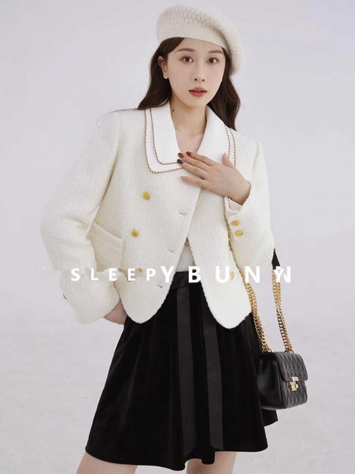 

Winter White Short Jacket Women Sweet Cropped Coat with Gold Buttons Elegant Round Neck Warm Outerwear Petite or Casual Outfits