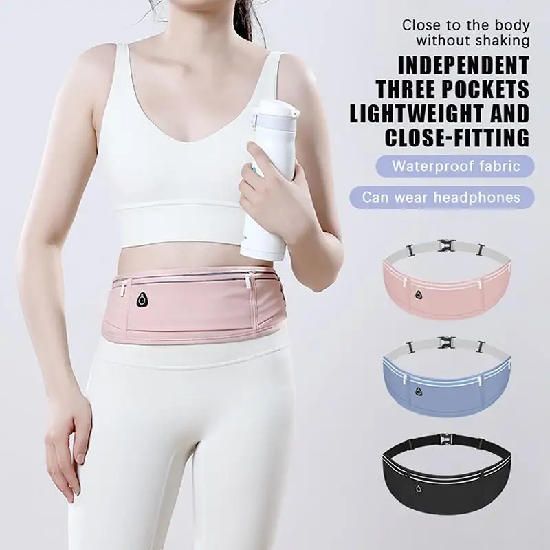 Waterproof Running Waist Belt with Three Pockets and Headphone Port for Jogging Hiking Outdoor Fitness Workout Men Women