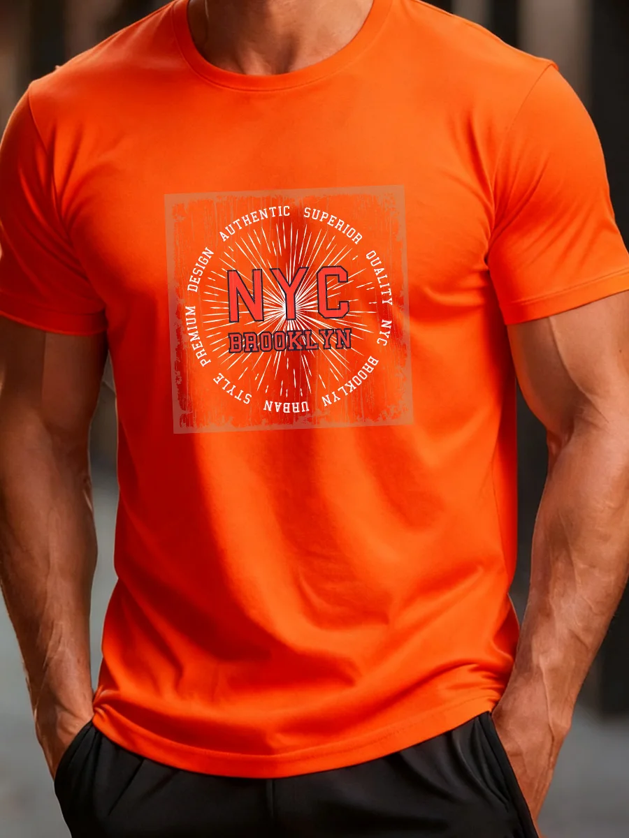 

Orange Short Sleeve T-Shirt with NYC Brooklyn Graphic Print Authentic Superior Quality Design