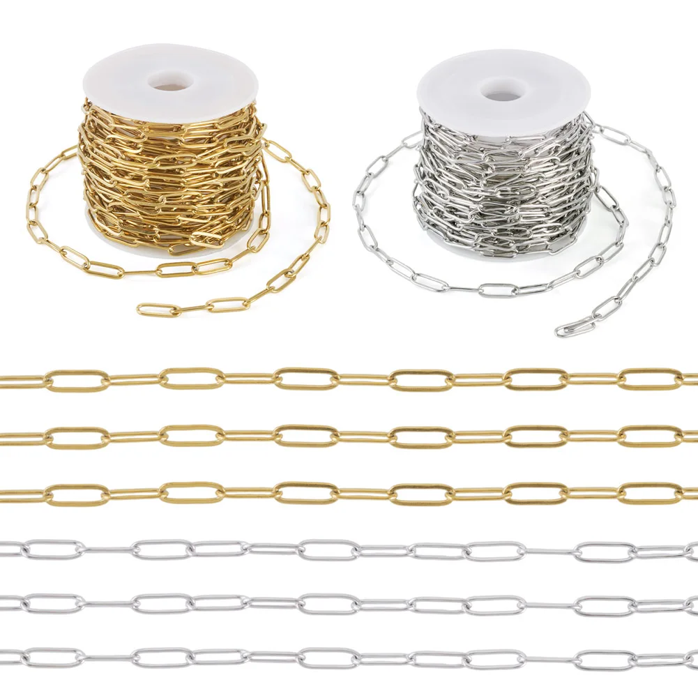 2rolls 5m/roll 304 Stainless Steel Paperclip Chains Oval Link Cable Chains for DIY Necklace Bracelet Jewelry Making Findings