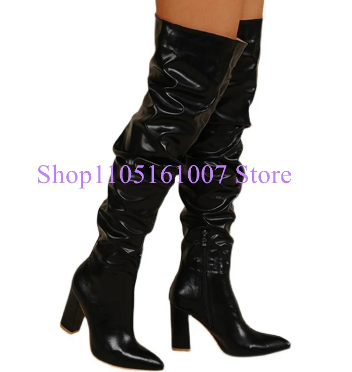 

Черные кожаные женские сапоги выше колена на массивном каблуке, сексуальные плиссированные женские длинные сапоги с острым носком, модные рыцарские сапоги, модельные туфли