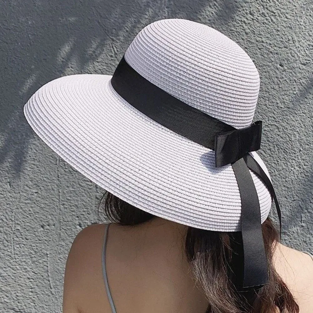 Elegant Breathable Straw Hat Large Brim Black Ribbon Sunshade Hat UV Protection Sun Hat Women