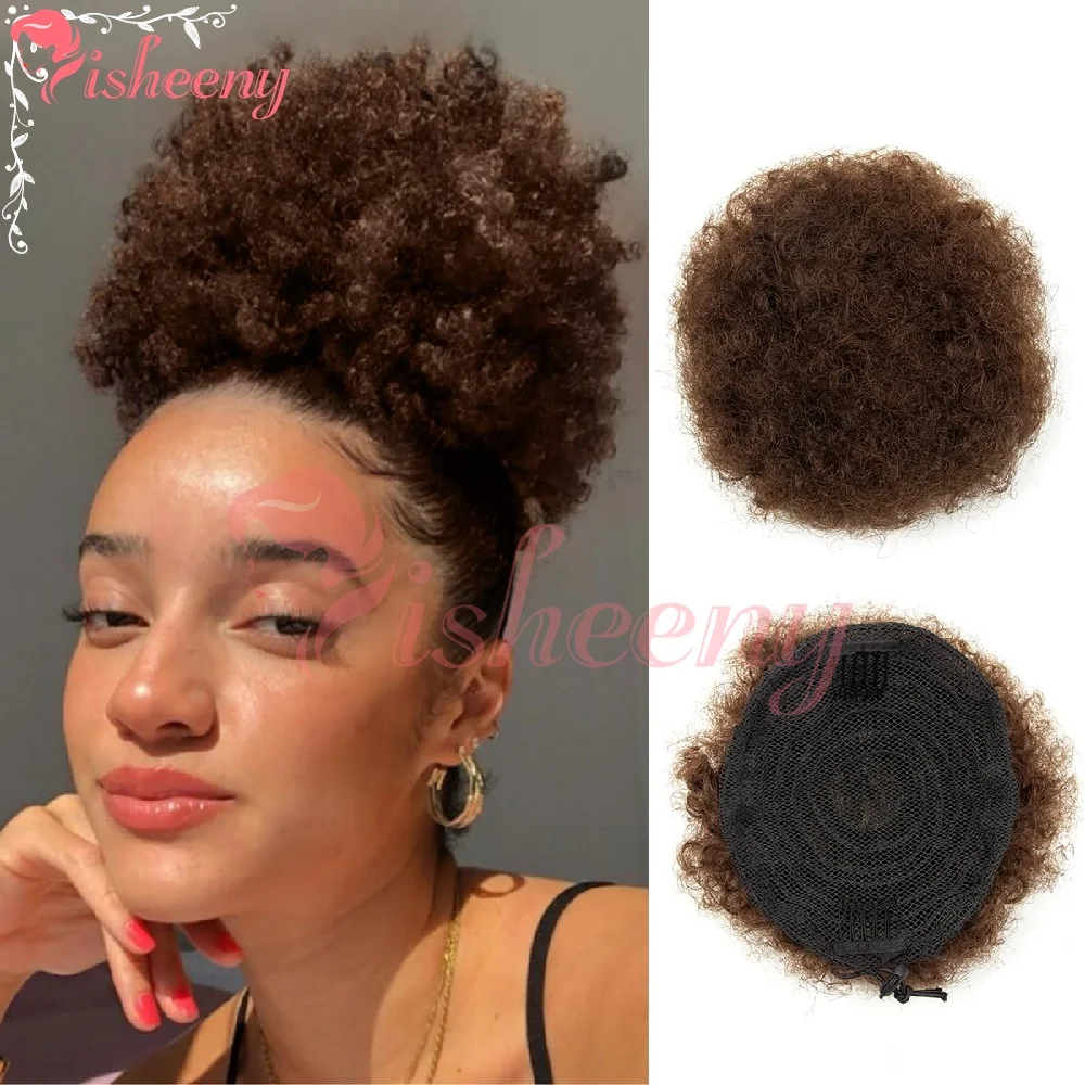 Isheeny Kinky Curly Afro Puff Drawstring Ponytail Real Human Hair Bun Breathable Stretch Mesh Net Non‑slip Clips Adjustable Strap Washable Reusable Natural Voluminous Afro Puff For Daily Party Hairstyle