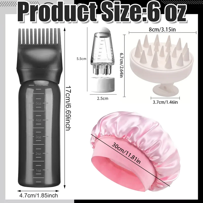 4-teiliges Haarpflege-Set: Satin-Schlafhaube mit Kopfhautmassage-Shampoo-Bürste, Wurzelkamm, Applikatorflasche und Haaröl-Kopfhaut-Applikator-Werkzeugen – Detail 2