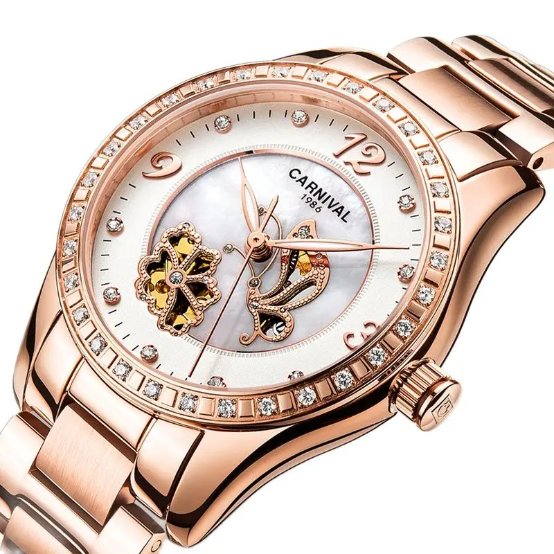 CARNIVAL Luxury Automatic Mechanical Women's Watch Sapphire Crystal Waterproof Diamond Accented Luminous Skeleton Design C8009L