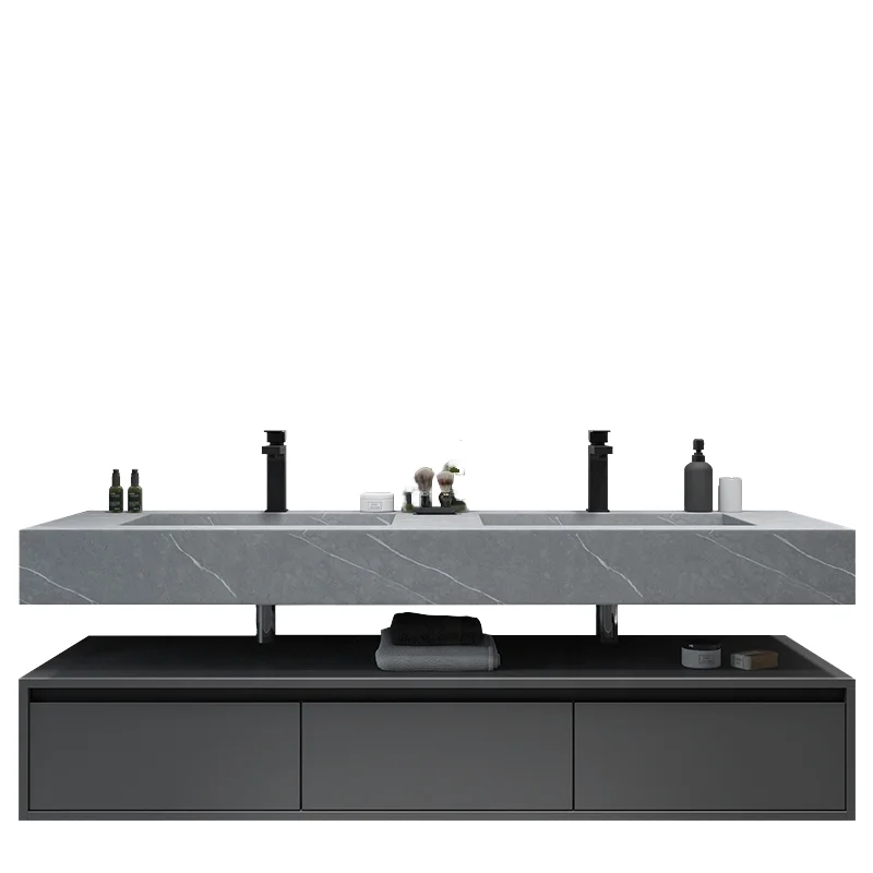 Mueble de tocador de baño de doble olla, puerta acrílica, diseño de madera rectangular impermeable con lavabo con espejo LED para hoteles