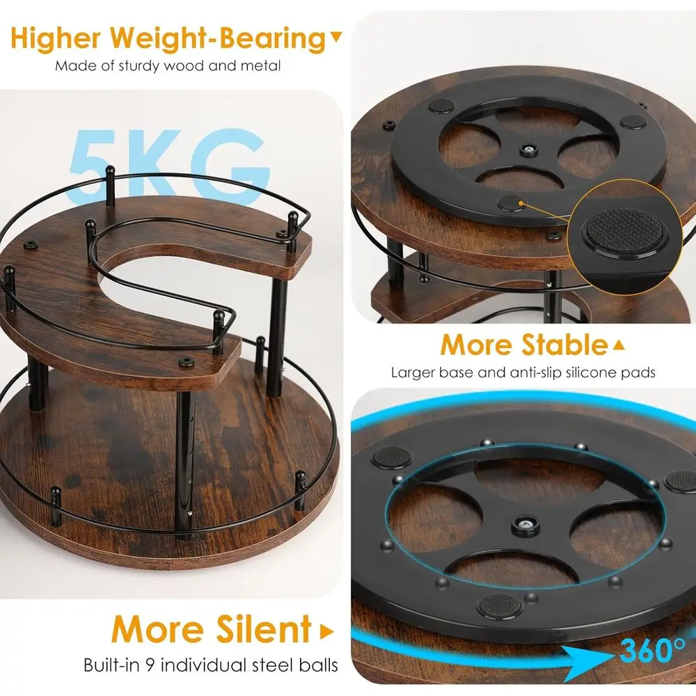 Adjustable 2-Tier Wooden Lazy Susan Spice Rack, 12 Rotating Organizer for Kitchen, Cabinet, and Dining Table Storage