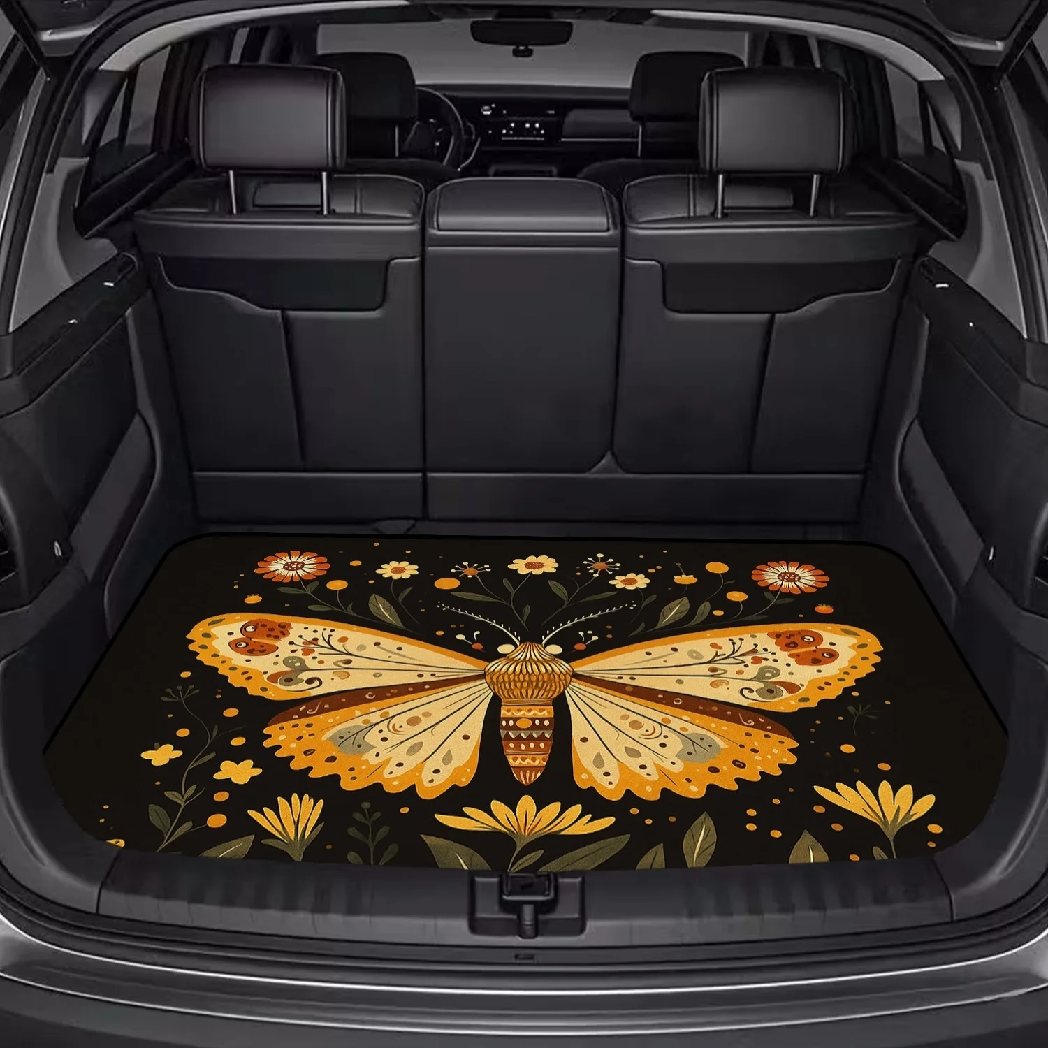 1pc, Vintage Floral Butterfly Style Car Trunk Mat. Features Exquisite Printed Patterns, A Must-Have For Travel, Universally Comp