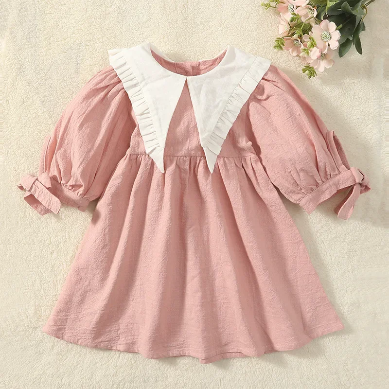 Girl Dress Spring 2025 New Retro Pointed Collar Girl's Dress Long Sleeve Khaki Princess Sweet Casual Dress