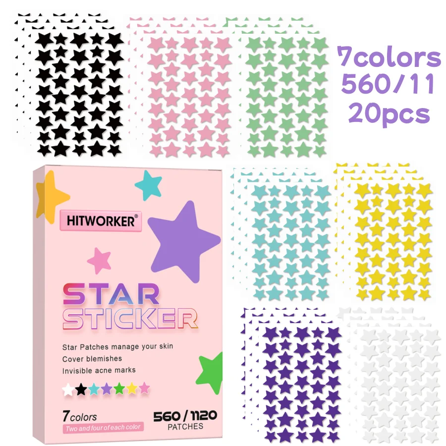 560/1120 HITWORKER acne patches - hydrogel covered, high quality star multicolor suitable for all light skin tones, invisible ac