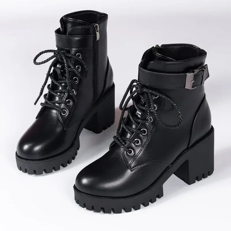 Women\'s Boots 2024 New Lace Up Boots for Women Fashion Knight Boots Women Round Head Chunky Heel Female