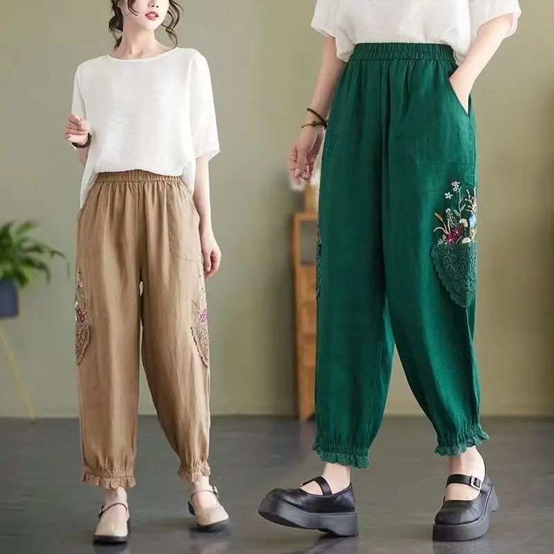 

Spring Summer Vintage Women Clothes High Waist Ankle-length Pants Ladies Casual Ruffles Embroidered Bloomers All-match Trousers