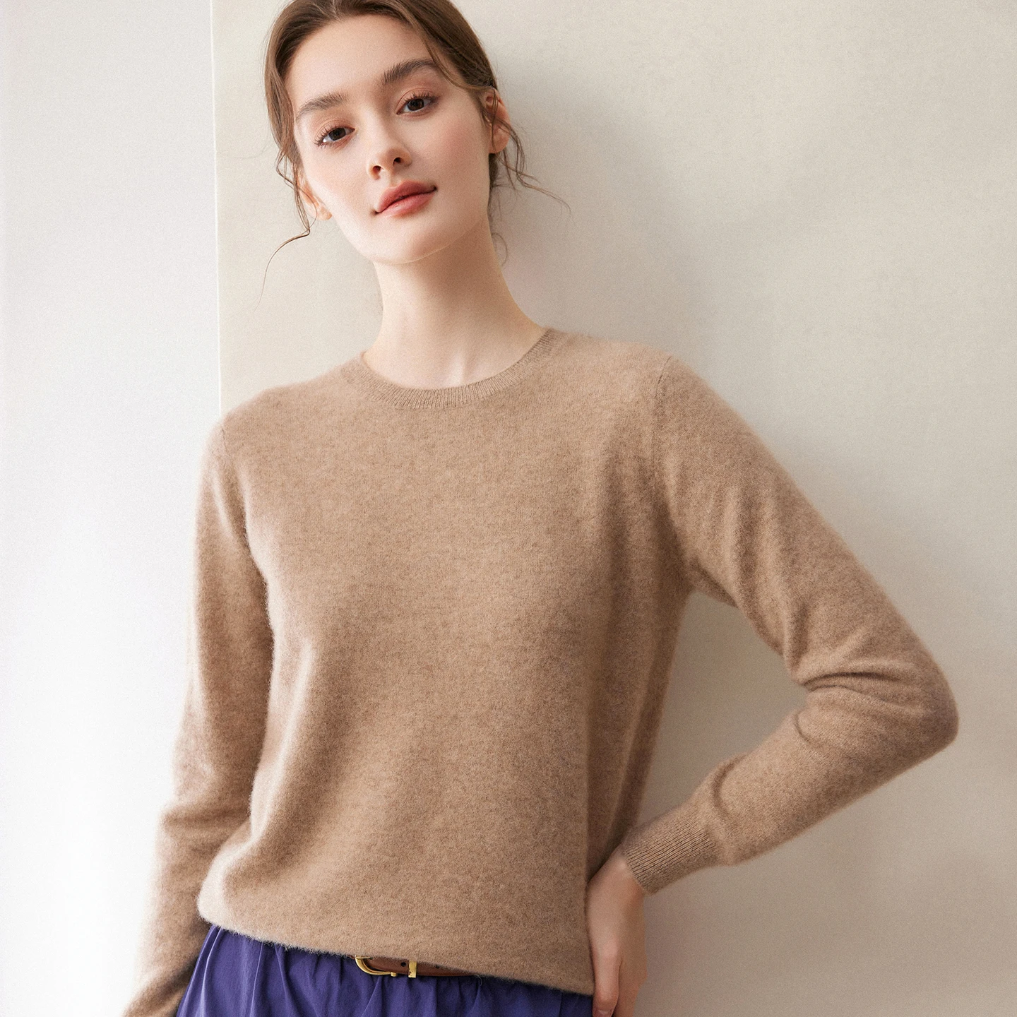 Autumn And Winter Women'S 100% Cashmere Round Neck Pullover Casual Loose Soft Knitted Shirt Pure Color Long Sleeve Basic Top