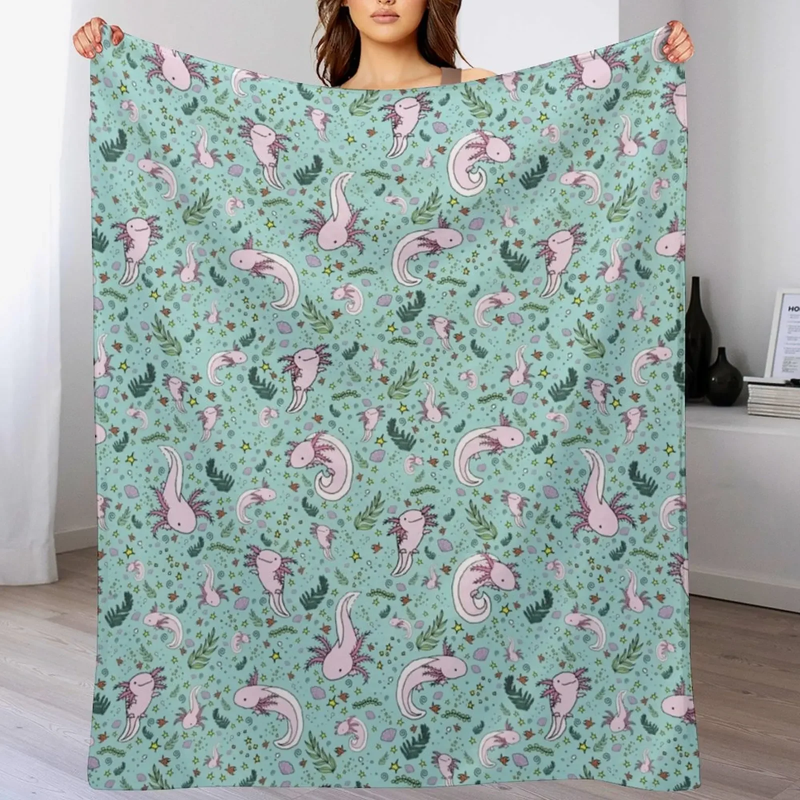 

Axolotls in Blue Throw Blanket Sofas Thins Bed Fashionable Decorative Beds Blankets