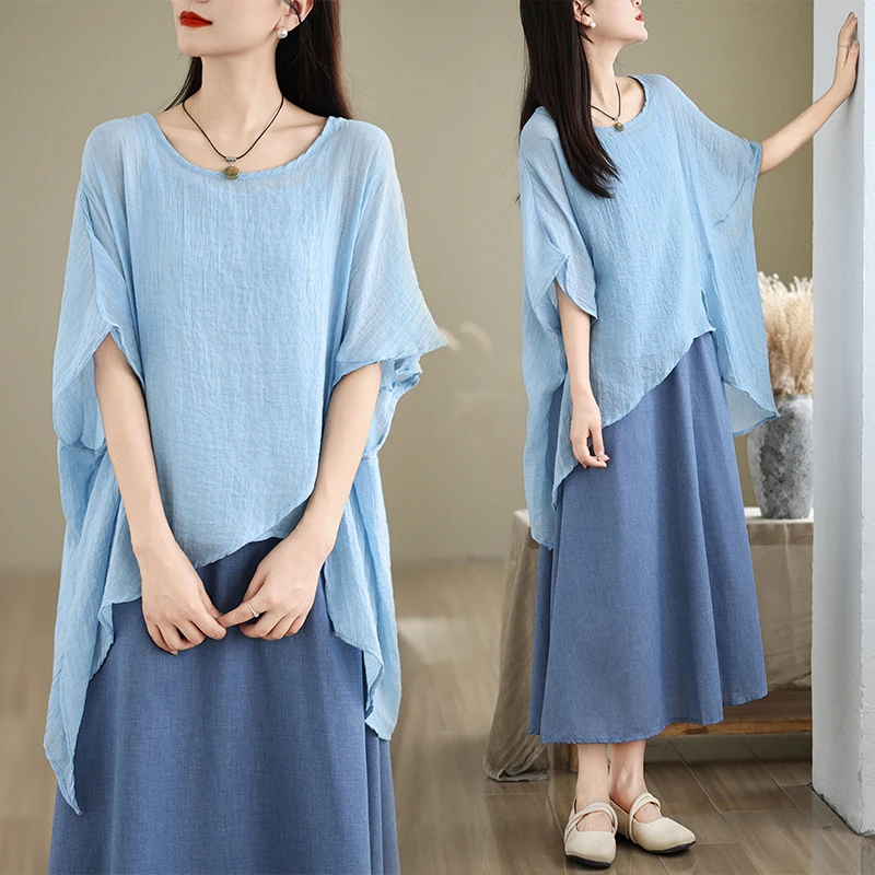

New Chinese Style 3-Piece Set Zen Loose Drifting Top T-Shirt + Halter Cotton Linen Skirt Pure Color Women's Fashion