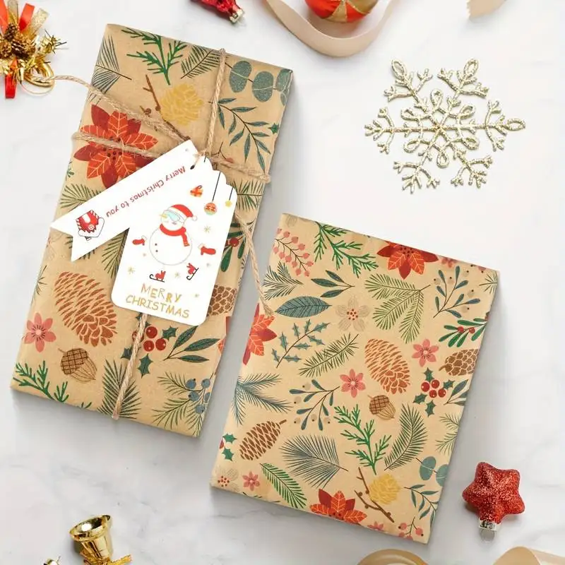 1 Roll 10m Large Size Christmas Themed Gift Wrapping Paper Plant Leaves Flowers Decoration Kraft Paper DIY Gift Wrapping Supplies view 5