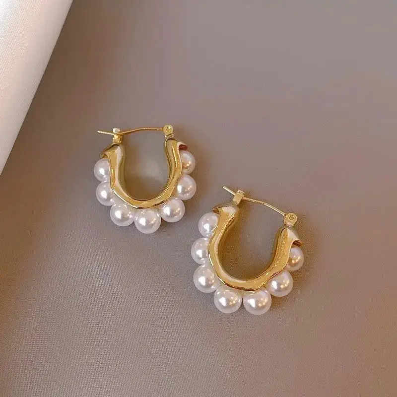 Vintage Gold Plated Temperament Gorgeous Imitation Pearl Hoop Earrings For Women Christmas Party Gifts Wholesale