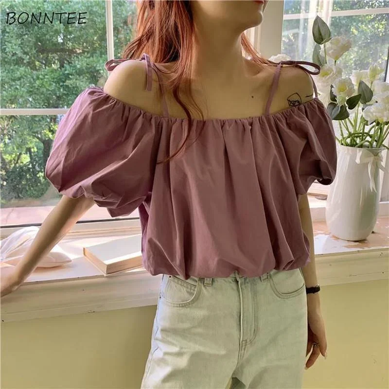 

Blouses Women Bandage Solid Design Sweet Sexy Elegant Блузки Puff Sleeve Crop Top College Classic Ins Ulzzang Thin Loose Blusas