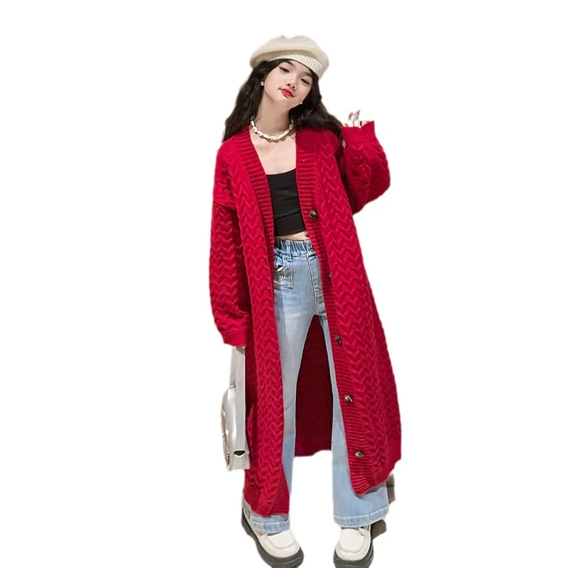 teen Girls long Cardigan Autumn Winter Fashion Mid-length Knitwear Kids Sweater Outerwear 12 13 14 Years Children Casual Coats