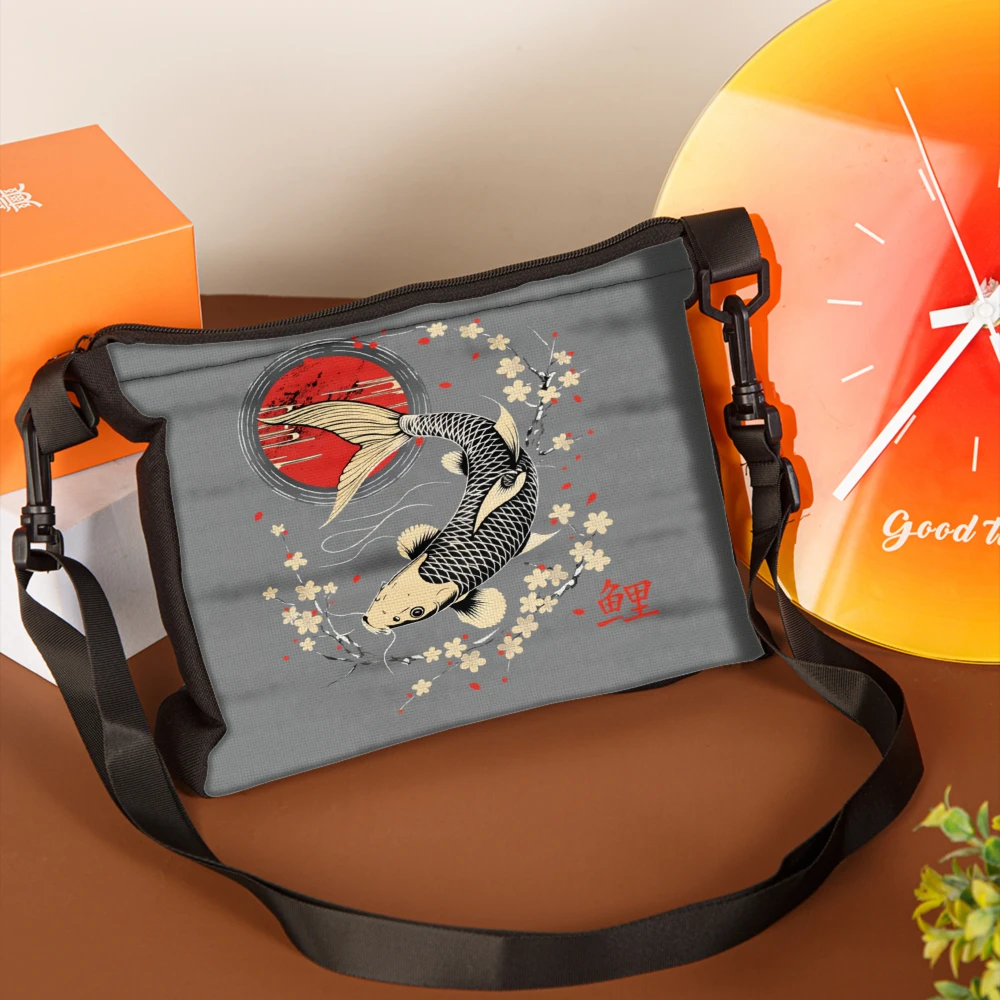 1pc Koi Fish Design Crossbody Bag Gray With Red Circle And Cherry Blossom Pattern Shoulder Bags For Women Men Casual Travel Work