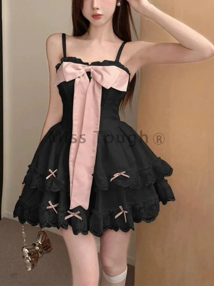 Summer Sweet Kawaii Bow Lace Party Dress Women Princess Retro Sleeveless Slim Dresses Fashion Chic Pleat Streetwear Clothing New