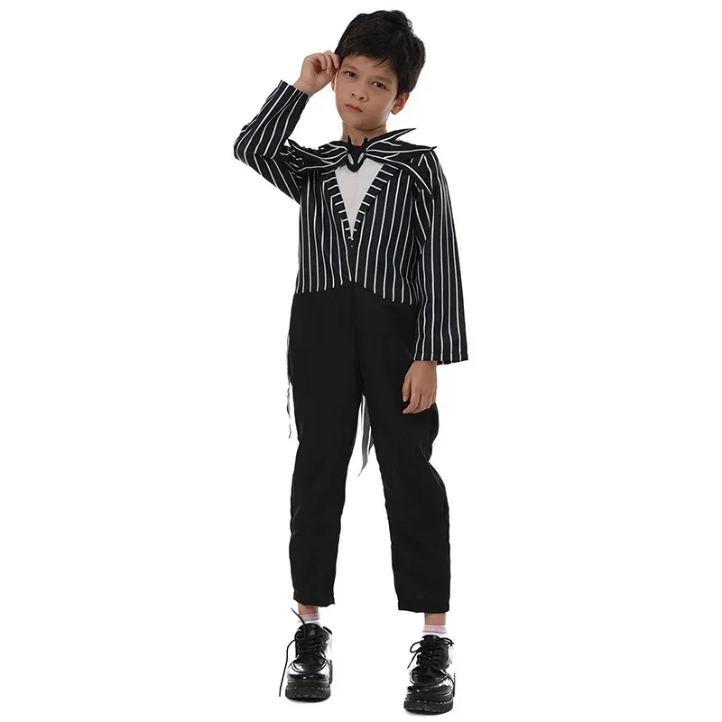 Halloween Jungen Kürbiskönig Skelett Jack Gestreifter Overall Kostüm Skelett-Handschuhe Maske Schwarze Rose Kinder Party Cosplay Outfit Set – Detail 4
