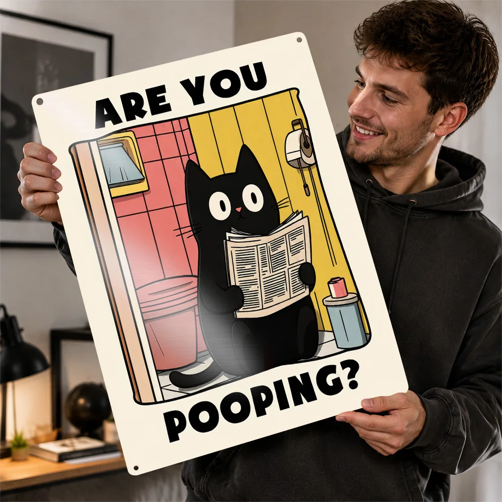 Black Cat Reading Newspaper on Toilet Personalized 3D Textured Metal Poster Wall Art Vintage Tin Signs for Room Ornaments Decor