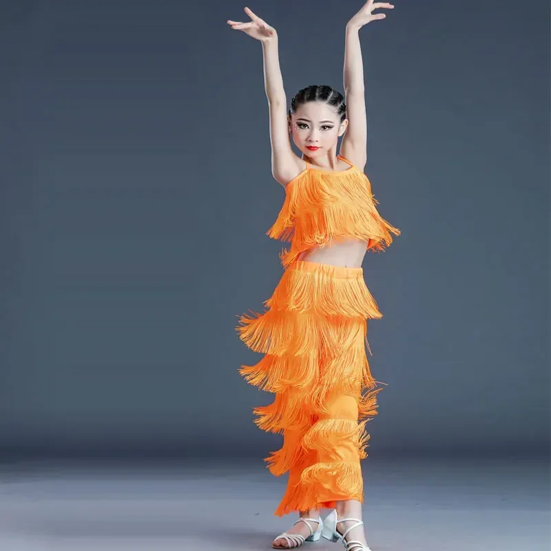 Abiti da ballo latino per ragazza per ragazze, abito da ballo con frange e nappe, top e pantaloni, costume da ballo da competizione per bambini