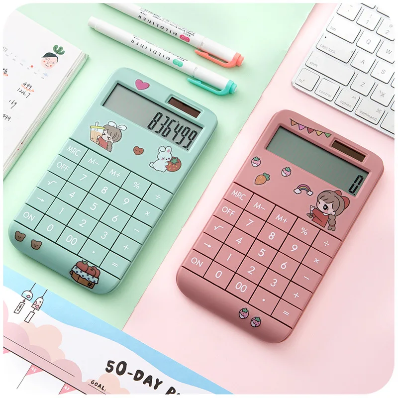 Cute Cartoon Calculator Fashion Student Portable Calculator Small Solar Financial Cashier Girl 12-bit Computer Dual Power System