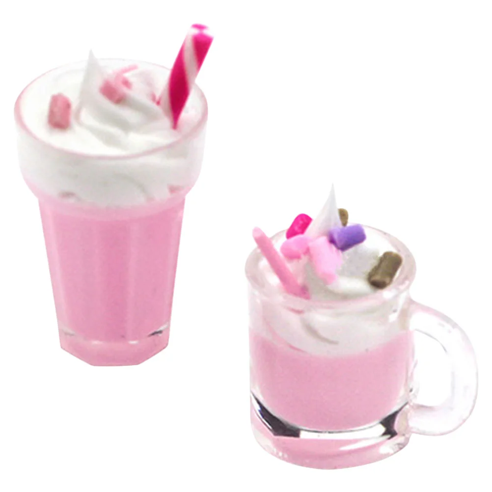 2 Pcs Mini Strawberry Milkshake Miniature Dollhouse Accessories Fake Ice Cream Model Ice-cream