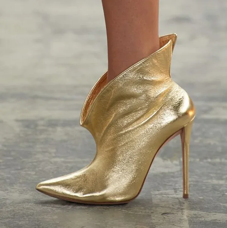 

Gold Pointed Toe Ankle Boots Stiletto High Heels Wide Shaft Fashion Women Classic Dress Party Daily Causal Short Booties