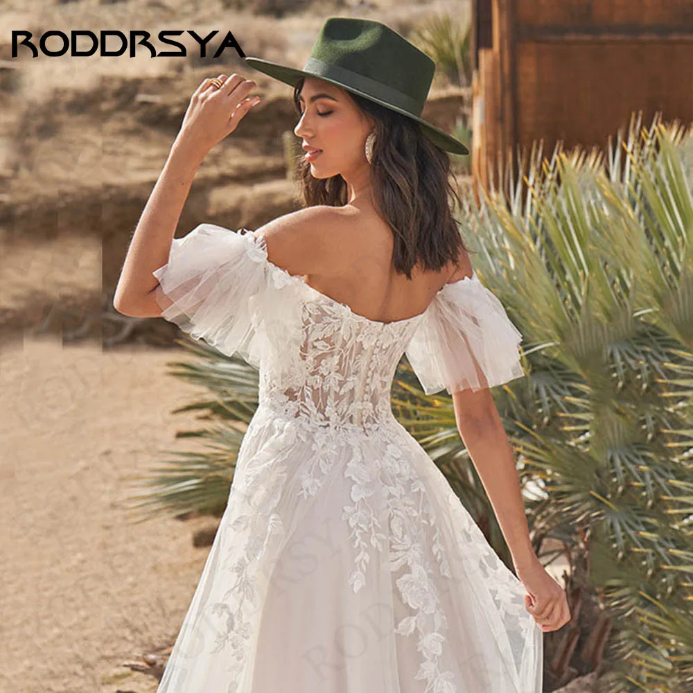 RODDRSYA Vintage Off Shoulder Wedding Dresses Boho Vestido De Novia Tulle A Line Boat Neck Beach Appliques Lace Bridal Gowns