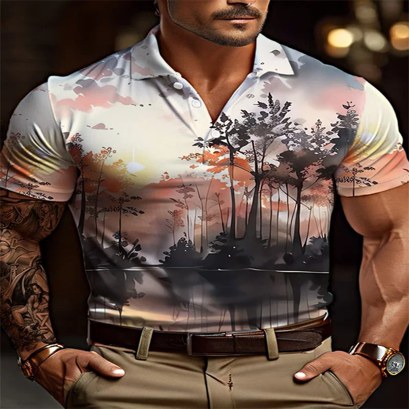 Camisa de punto con cuello de manga corta, pintura de paisaje de tinta del país de las Maravillas Oriental misteriosa, estampado de flores de cerezo japonés