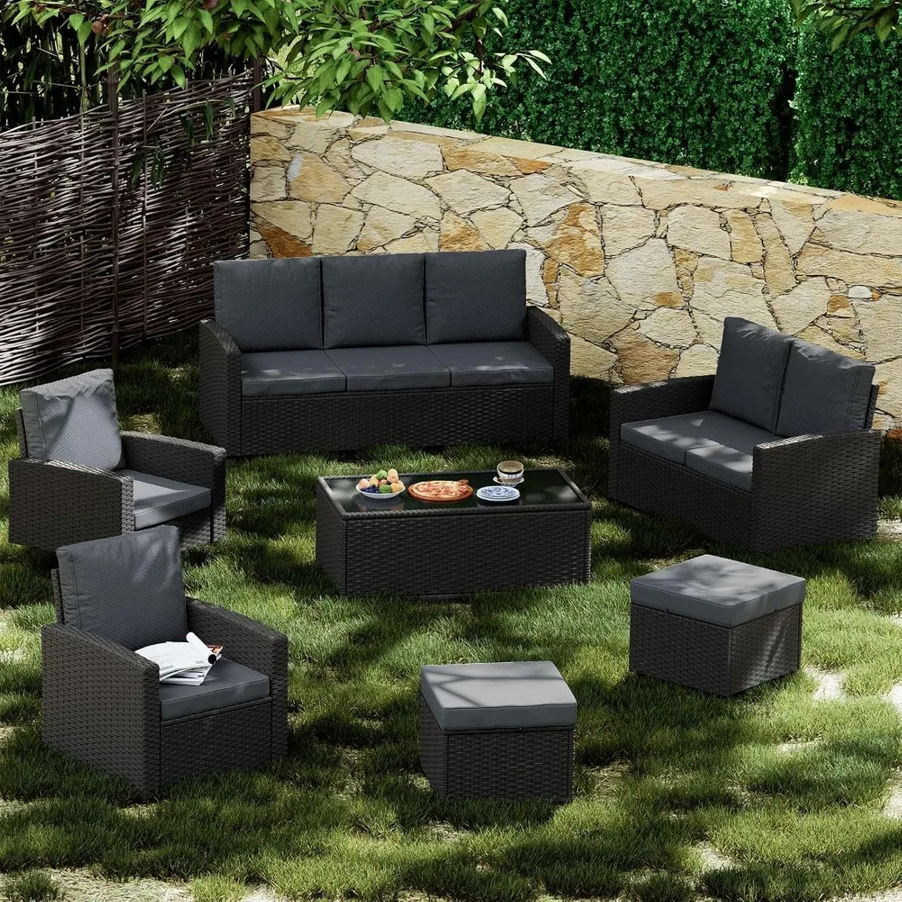 

Комплект мебели для патио из 7 предметов: плетеный диван из ротанга, вращающиеся стулья, пуфики, подушки, журнальный столик — всепогодный сад и